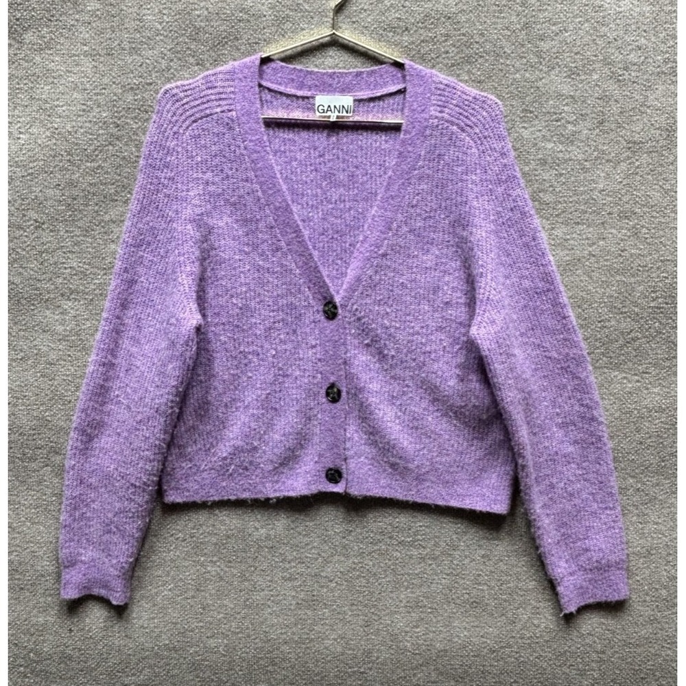 Ganni Womens Purple Alpaca/Wool Knit Buttons Cardigan Ribbed Size Medium EUC